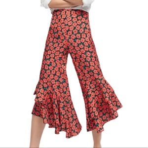 Wide Leg Tiered Ruffle Orange Floral Print Pant